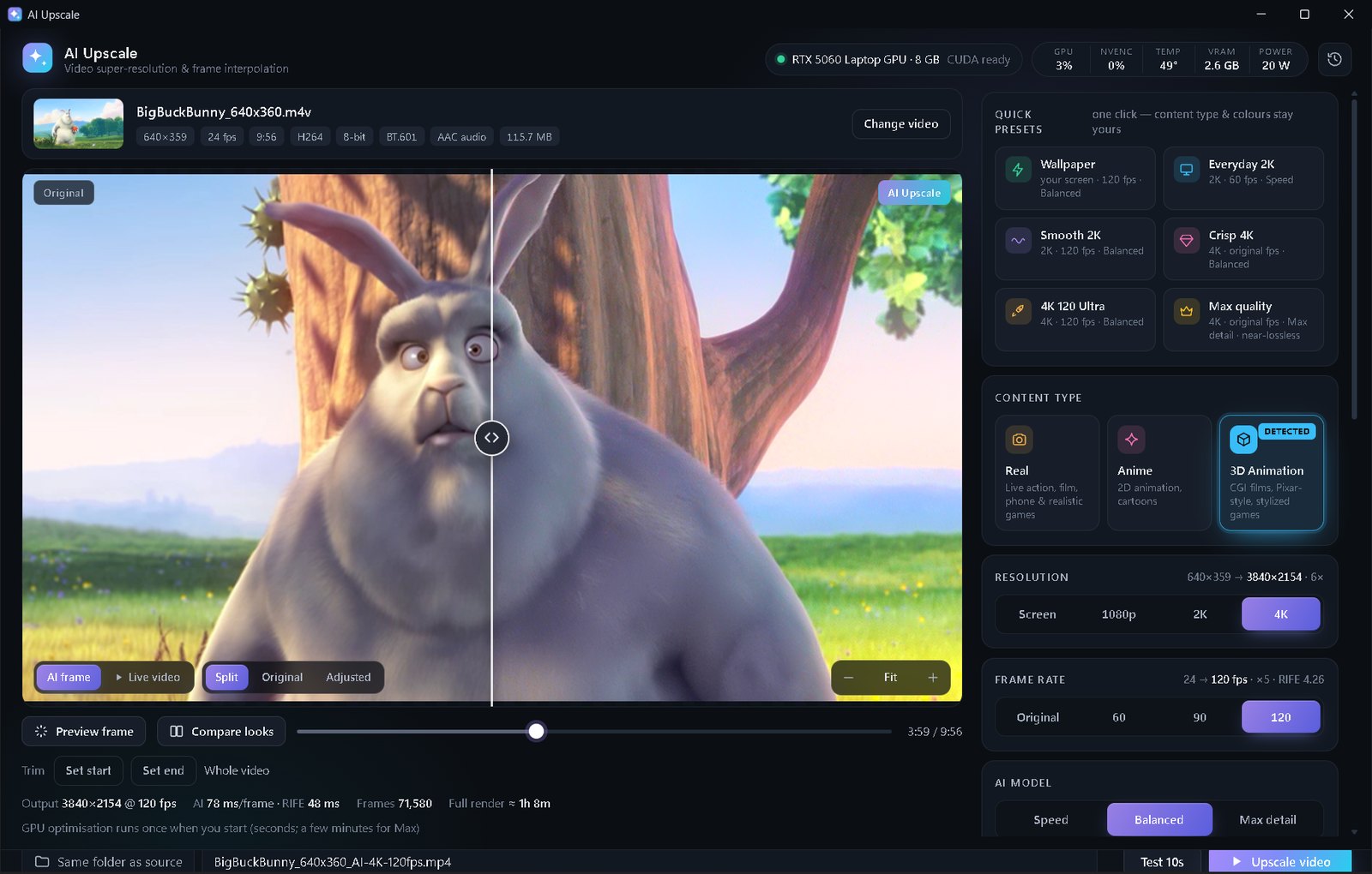 AI Upscale app screenshot: before/after viewer, quick presets, automatic 3D Animation detection, resolution and FPS settings